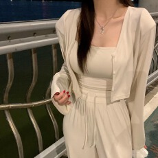 批发已出货    肩吊带背心+开衫外套+直筒垂坠感<b class='q'>长裤</b>女时尚套装 3件套