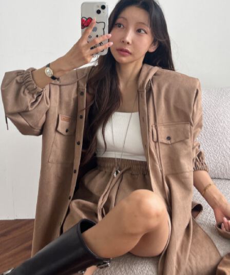 있음 선적 매트 벨벳 수트 루즈핏 후드 맨위 재킷 허리밴드 반바지 투피스 세트