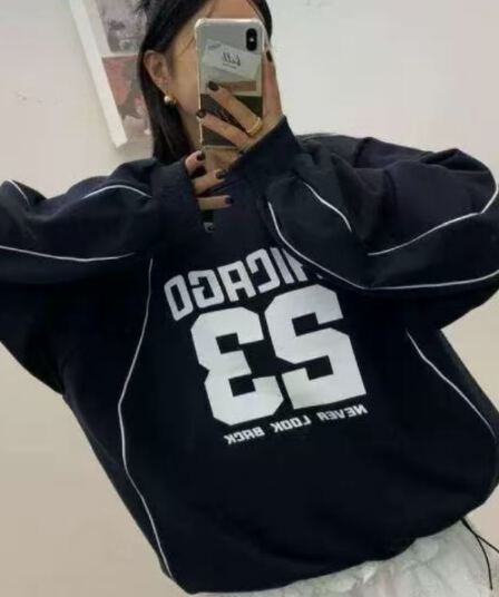 있음 선적 다용도 루즈핏 캐주얼 숫자 프린트 라운드 넥 펌프 로프 슬리브 머리 후드티