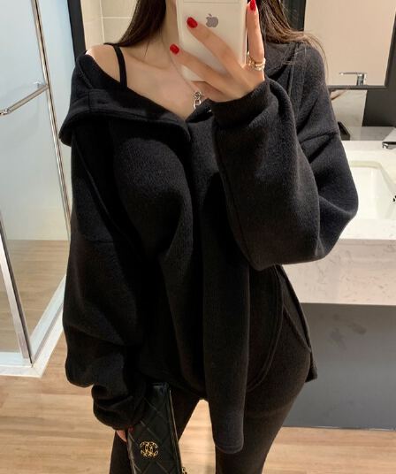 있음 선적 와이드 레그 팬츠 패션 세트 여성 두꺼운 품격 루즈핏 후드 티 스웨터 캐주얼 투피스 세트