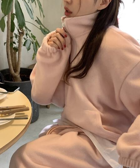 있음 선적 양면 찹쌀 플러시 두 조각 여성 세트 후드 티 스웨터 재킷 플러시 센스 캐주얼 바지 투피스 세트
