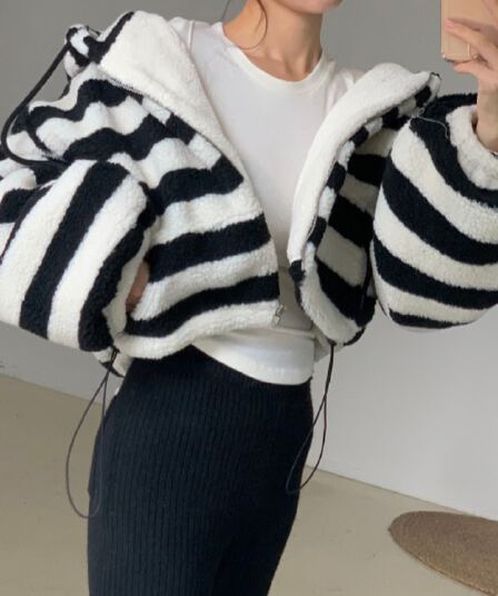 있음 선적 양털 스트라이프 배색 후드 플리스 후드티