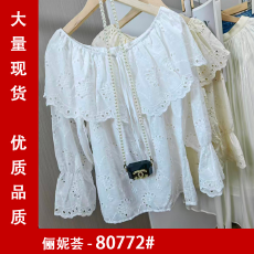 批发韩版气质镂空一字肩喇叭长袖衬衫荷叶边系带<b class='q'>甜美</b>上衣