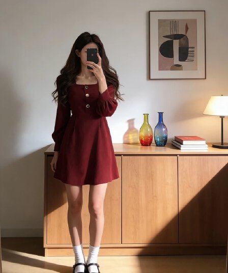 선물 화물 광장 칼라 허리 수축 미니 스커트 아이들 봄 가을 레트로 품격 와인 레드 드레스
