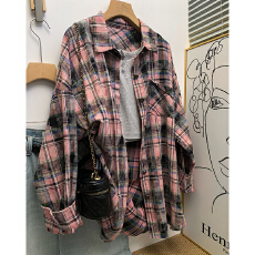 批发現貨 韩国粉色格子衬衫外套女<b class='q'>春秋</b>季新款扎染衬衣设计感小众上衣