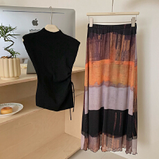 批发現貨 染拼色印花<b class='q'>网纱</b>半身裙女夏季凉感气质不规则系带上衣两件套