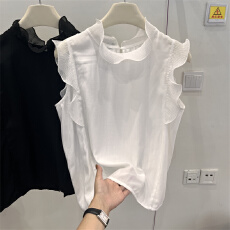 批发現貨~<b class='q'>韩版</b>气质小衫显瘦纯色立领木耳边套头<b class='q'>雪纺衫女</b>设计感衬衣