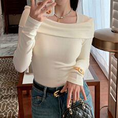 批发現貨~长袖方领针织衫女设计感小众时尚洋气内搭打底<b class='q'>一字肩</b><b class='q'>上衣</b>