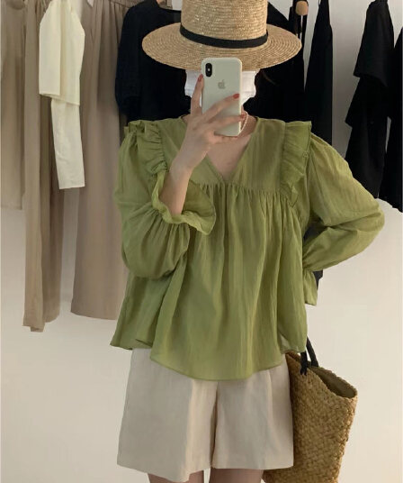 선물 화물 프랑스식 다용도 봄 가을 달콤함 프릴 거품 소매 외국 가스 셔츠 패션 작은 셔츠 여성