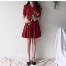批发現貨~韩版小清新复古赫本风红色收腰显瘦中长款女<b class='q'>连衣裙</b>
