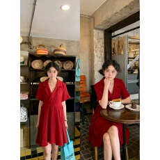 批发現貨~韩系复古V领收腰绑带<b class='q'>连衣裙</b>女法式小众超仙短袖<b class='q'>连衣裙</b>