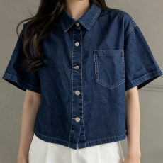 批发現貨~宽松短款牛仔外套女夏季<b class='q'>通勤</b>翻领落肩短袖亲肤棉纯色上衣