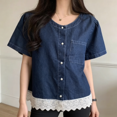 批发現貨~<b class='q'>蕾丝</b>下摆牛仔短袖衬衫女夏季复古小衫娃娃衫上衣