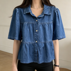 批发現貨~韩国东大门女装翻领甜美净版显瘦女式牛仔衬衫