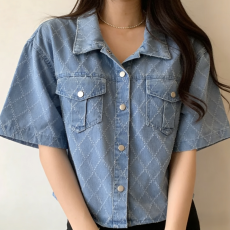 批发現貨~百搭时尚 <b class='q'>韩国</b>菱形格纹<b class='q'>牛仔</b><b class='q'>外套</b> 短袖<b class='q'>牛仔</b>开衫 韩版上衣