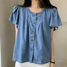 批发現貨~韩版小飞袖<b class='q'>牛仔</b><b class='q'>衬衫</b>女夏季设计感小众小个子宽松短袖上衣