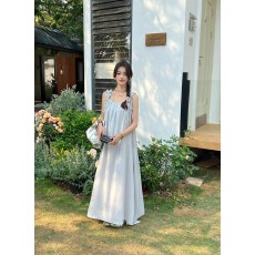 批发現貨~韩系方领露肩抽绳<b class='q'>背心</b>连衣裙女夏季新款百搭温柔气质长裙