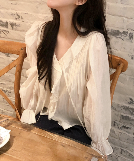 선물 화물 한국 chic 달콤함 쉬폰 블라우스 프릴 V넥 여성 셔츠 주름 장식 디자인 루즈핏 나팔 소매 맨위