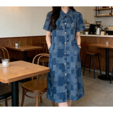 批发現貨~宽松格子<b class='q'>连衣裙</b>女复古直筒<b class='q'>蝴蝶结</b>减龄牛仔衬衫裙