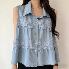 批发現貨~ <b class='q'>韩国</b>东大门 新款 翻领<b class='q'>牛仔</b>拼接短袖衬衫