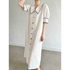 批发現貨～韩国chic复古翻领镶边撞色单排扣宽松休闲<b class='q'>泡泡袖</b><b class='q'>连衣裙</b>女