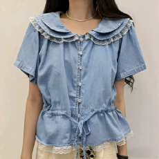 批发現貨~娃娃领正肩短袖<b class='q'>牛仔</b>衬衫女夏季花边下摆收腰<b class='q'>上衣</b>