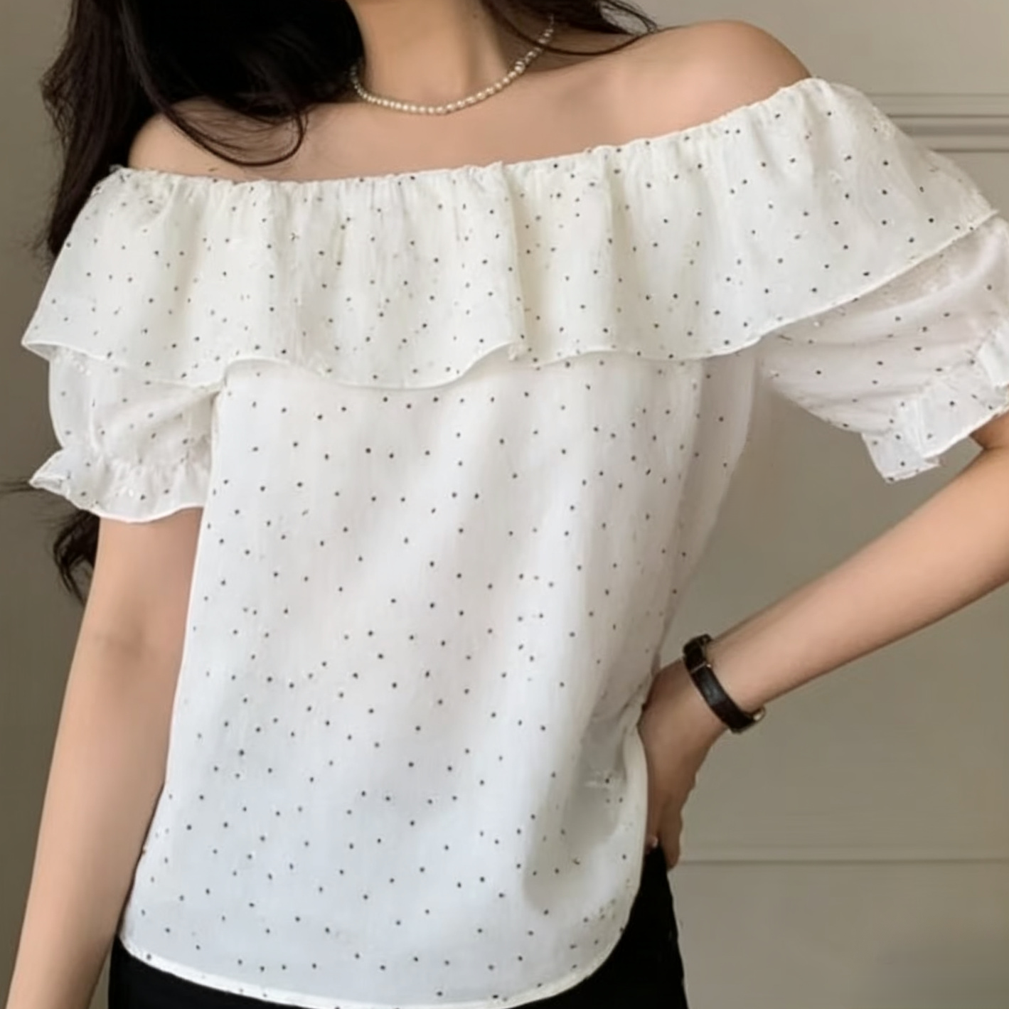 선물 화물 한국 스타일 오프숄더 프릴 도트 무늬 시폰 셔츠 여성 여름 디자인 센스 루즈핏 품격 맨위