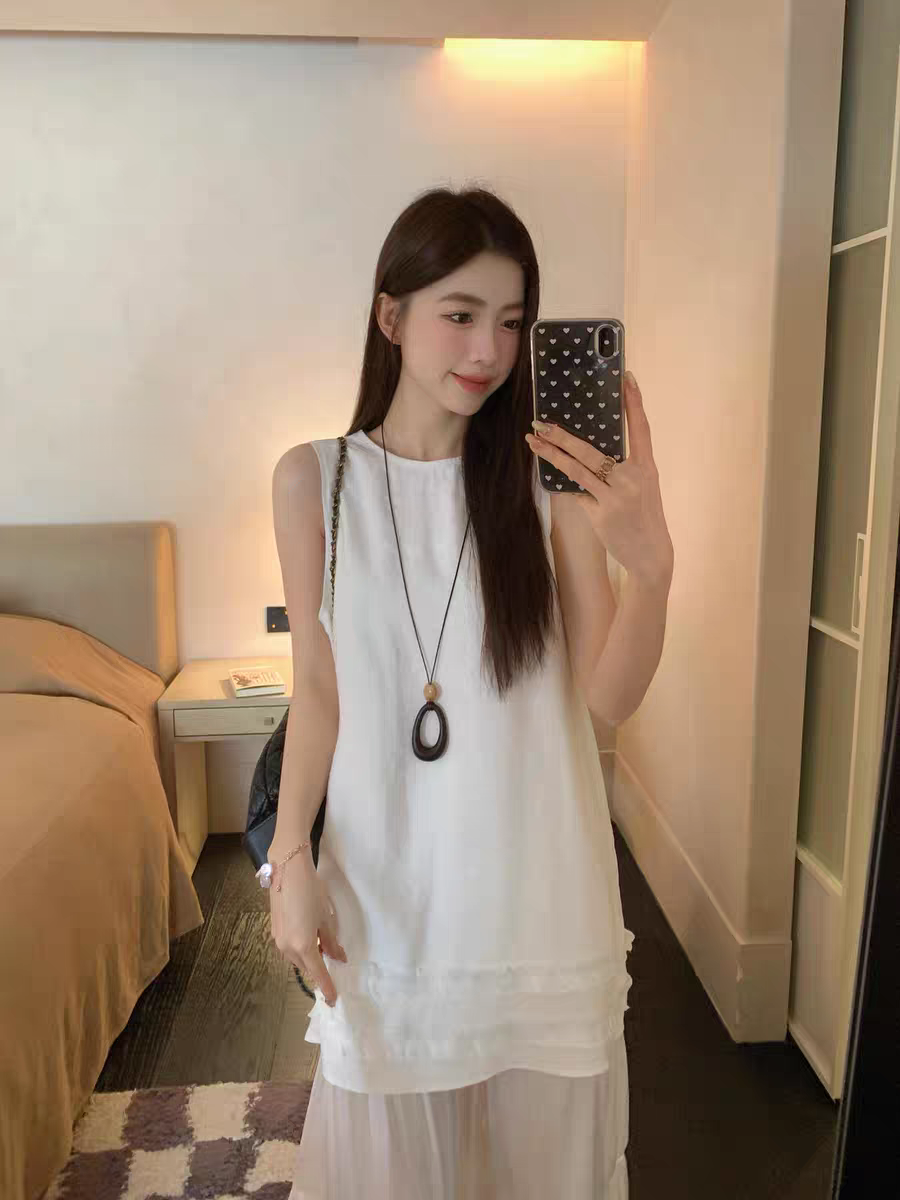 선물 화물 한국 스타일 낭만주의 민소매 라운드 넥 패치워크 드레스