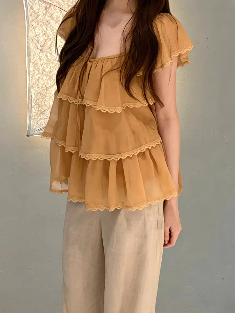 선물 화물 달콤한 자매 라운드 넥 작은 날다 소매 패치워크 레이스 측면 거즈 작은 셔츠 반팔 맨위