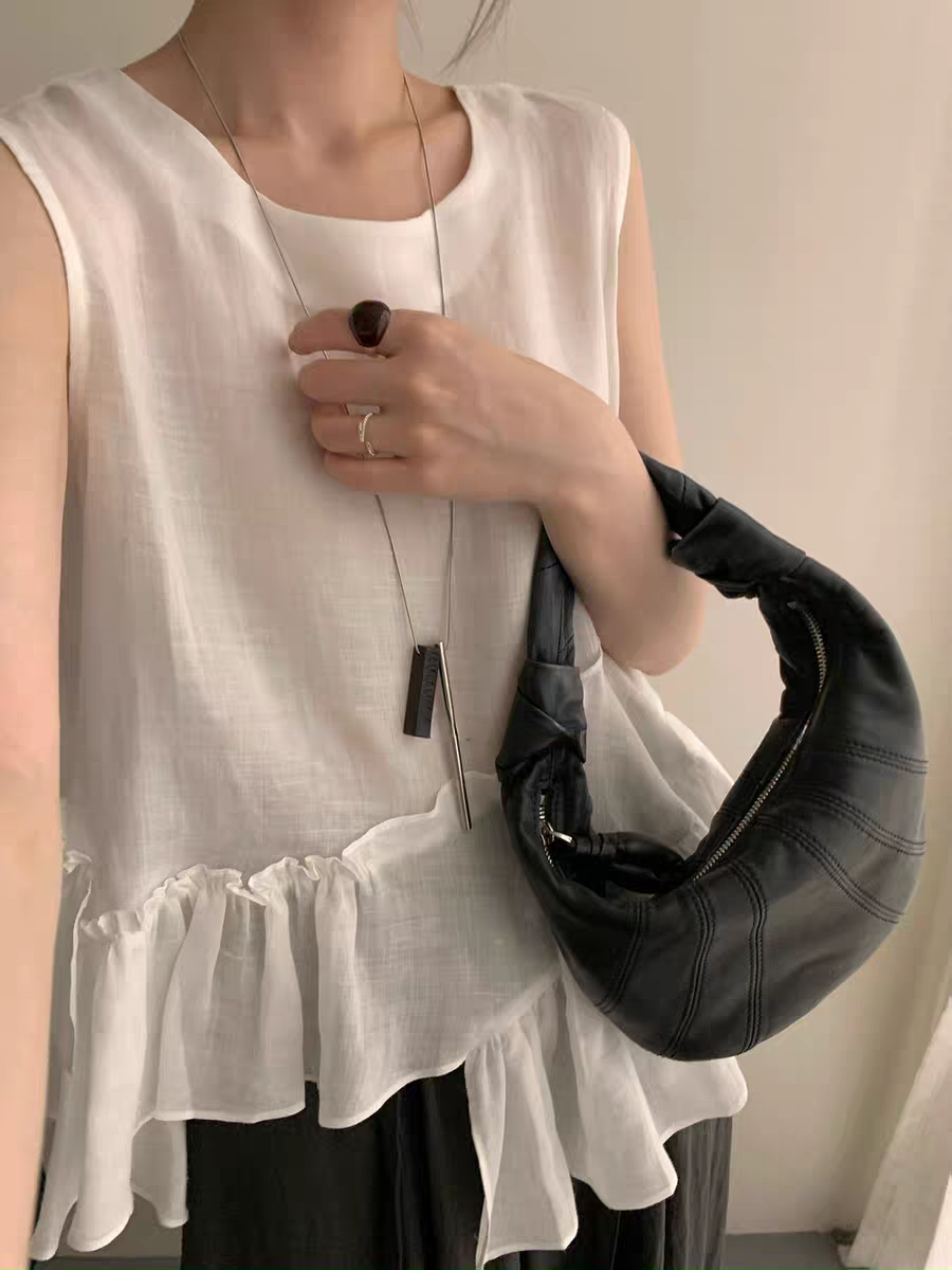 선물 화물 한 부서 불규칙 레이스 민소매 조끼 여성 셔츠 작은 대중 디자인 라운드 넥 루즈핏 슬림해 보이는 맨위