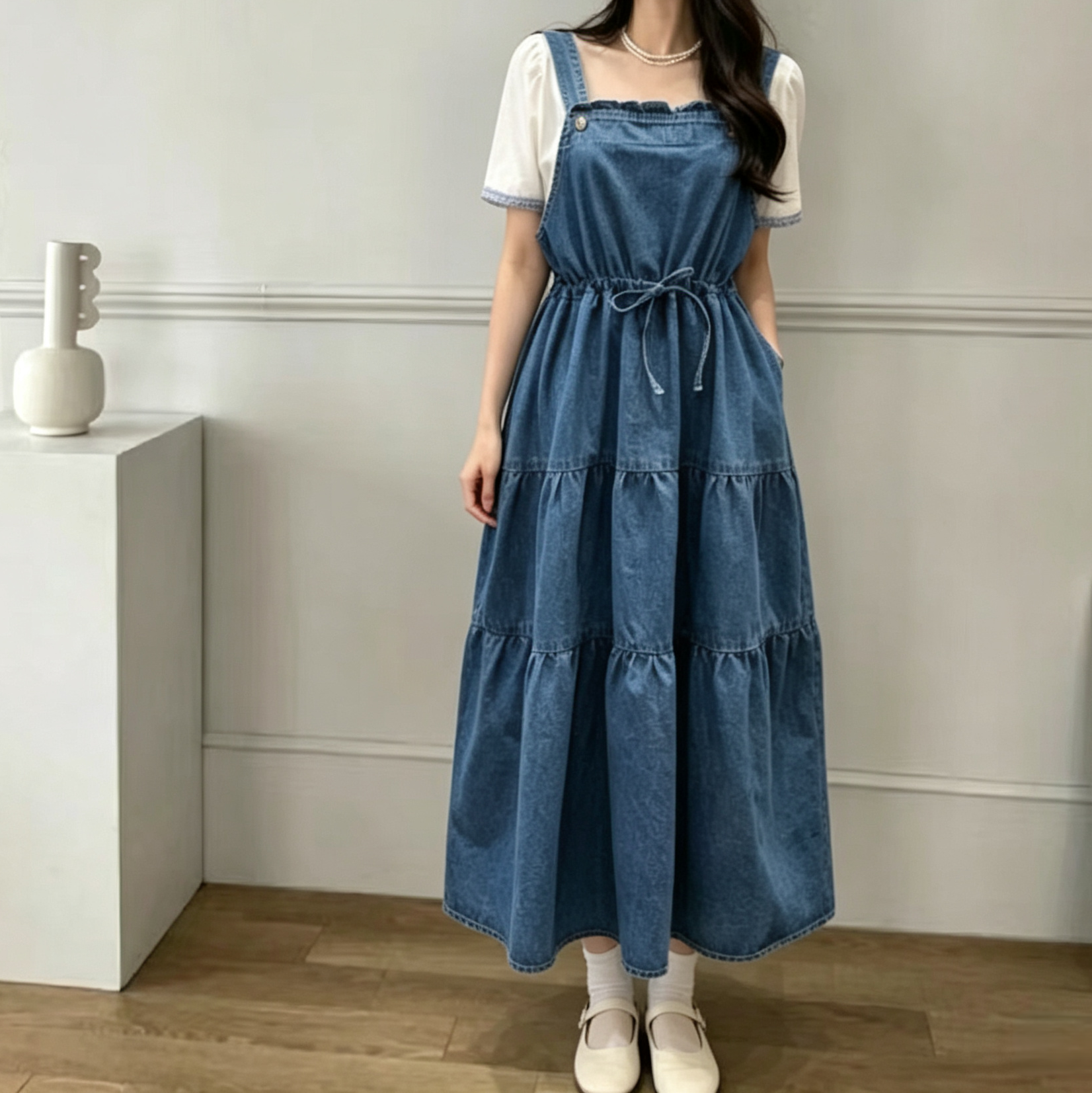 선물 화물 한국 동대문 여름 드레스 여성 의류 패션 인터넷 에디션 레이스업 허리 수축 다용도 데님 멜빵 스커트