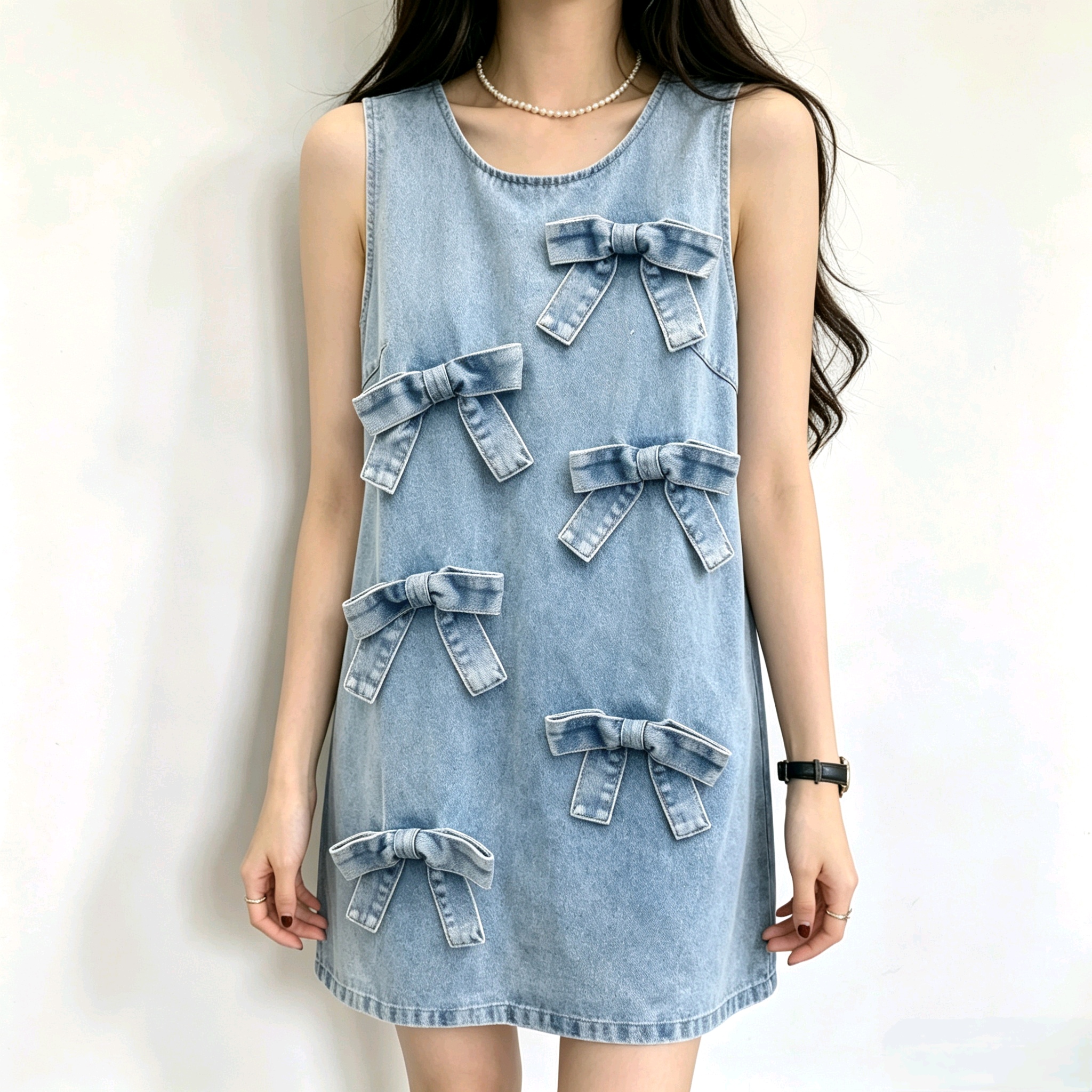 선물 화물 한국 chic 여름 섹션 여성 의류 라운드 넥 3 차원 나비 매듭 민소매 데님 작은 키 슬림해 보이는 드레스