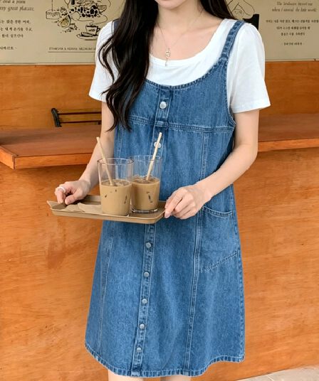 선물 화물 한국 캐주얼 데님 멜빵 여성 드레스 루즈핏 슬림해 보이는 패션 싱글 줄 버튼 슬립 드레스 중간 길이