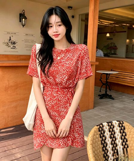 선물 화물 여성 드레스 여름 새로운 고급 꽃무늬 레이스업 루즈핏 품격 치마