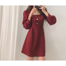 批发气质淑女 方领露锁骨 修身显瘦高腰连衣裙