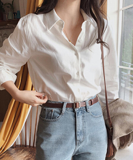 선물 화물 순면 화이트 여성 셔츠 봄 가을 품격 셔츠 디자인 센스 작은 대중 레트로 홍콩 느낌 맨위
