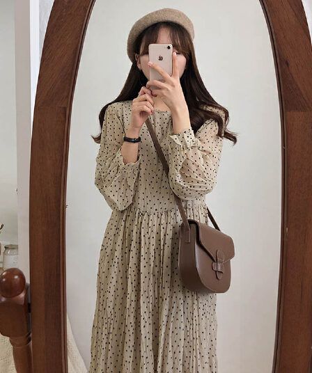 선물 화물 레트로 몸매 가꾸기 쉬폰 도트 드레스