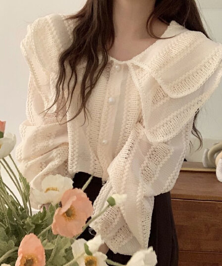 선물 화물 이중층 연꽃 잎 빅 칼라 Chic 진주 버클 루즈핏 벌룬 소매 셔츠 맨위 여성