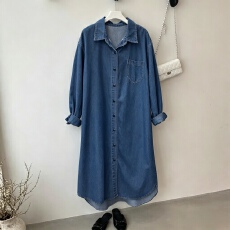 批发現貨~<b class='q'>韩国</b>chic复古气质翻领单排扣宽松休闲中长款衬衫牛仔连衣裙