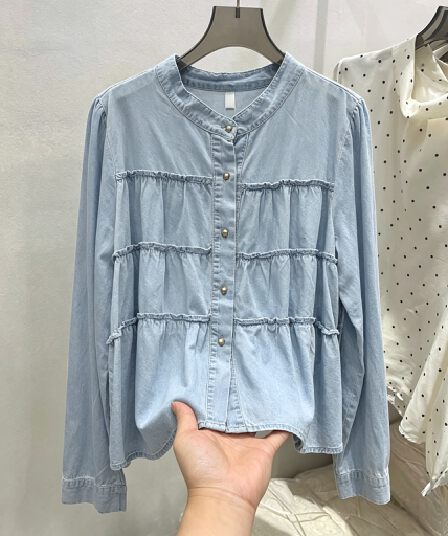 선물 화물 한국 동대문 패션 다용도 라운드 넥 레이스 데님 셔츠