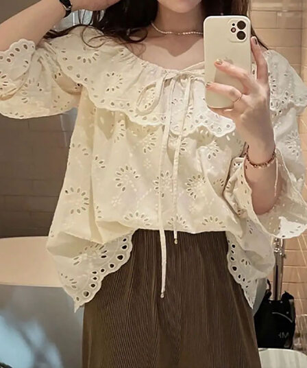 선물 화물 한 부서 품격 홀로우 아웃 오프숄더 나팔 긴팔 셔츠 프릴 레이스업 달콤함 맨위