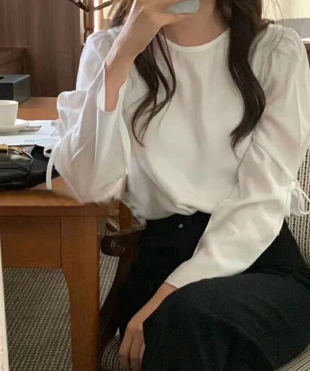 선물 화물 한국 동대문 Chic 소매 스트랩 다용도 라운드 넥 맨위 여성 부드러운 바람 광택 셔츠