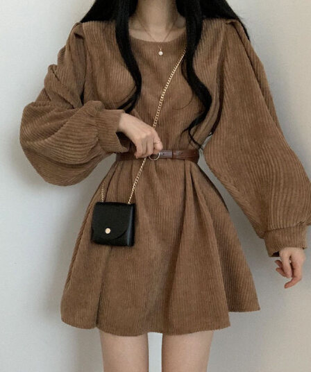 선물 화물 캄파넬라 세과 프랑스식 레트로 작은 키 품격 거품 소매 코듀로이 드레스 여성 의류