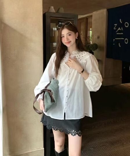 선물 화물 홀로우 아웃 레이스 한국 동대문 한 부서 품격 라운드 버클 작은 셔츠