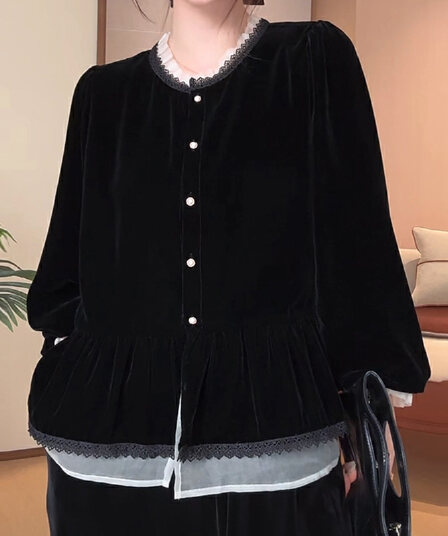 선물 화물 프릴 셔츠 여성 가을 패션 품격 캐주얼 슬림해 보이는 디자인 센스 검정색 벨벳 맨위