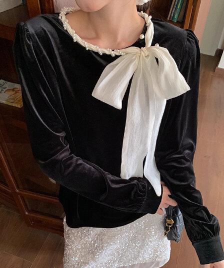 선물 화물 프랑스식 레트로 배색 진주 나비 매듭 벨벳 셔츠 가을 겨울 절묘한 다용도 긴팔 맨위 여성