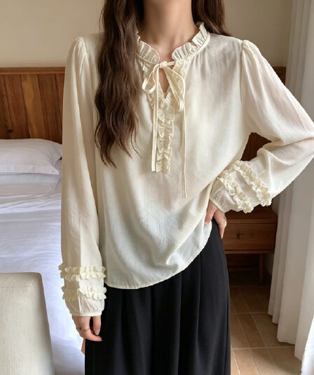 선물 화물 슬림해 보이는 루즈핏 부드러운 프릴 레이스업 칼라 루즈핏 긴팔 셔츠