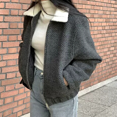 現貨~韩国东大门厚实保暖仿羊毛撞色翻领夹棉外套短款棉服夹克女