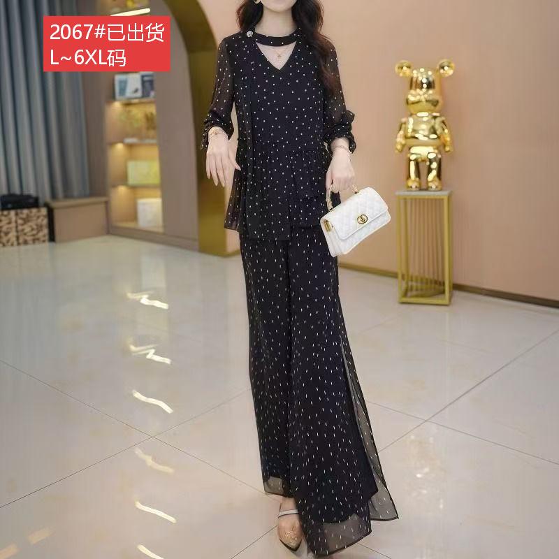 경관 그림 원본 원단 품질 여름 새로운 도트 무늬 세트 허리 수축 표지 고기 슬림해 보이는 품격 와이드 레그 팬츠 투피스 세트