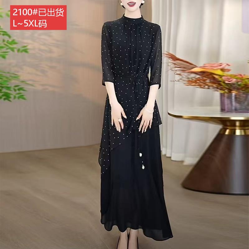 경관 그림 원본 원단 품질 여름 새로운 패션 절묘한 도트 무늬 페이크 레이어드 표지 고기 패션 루즈핏 드레스